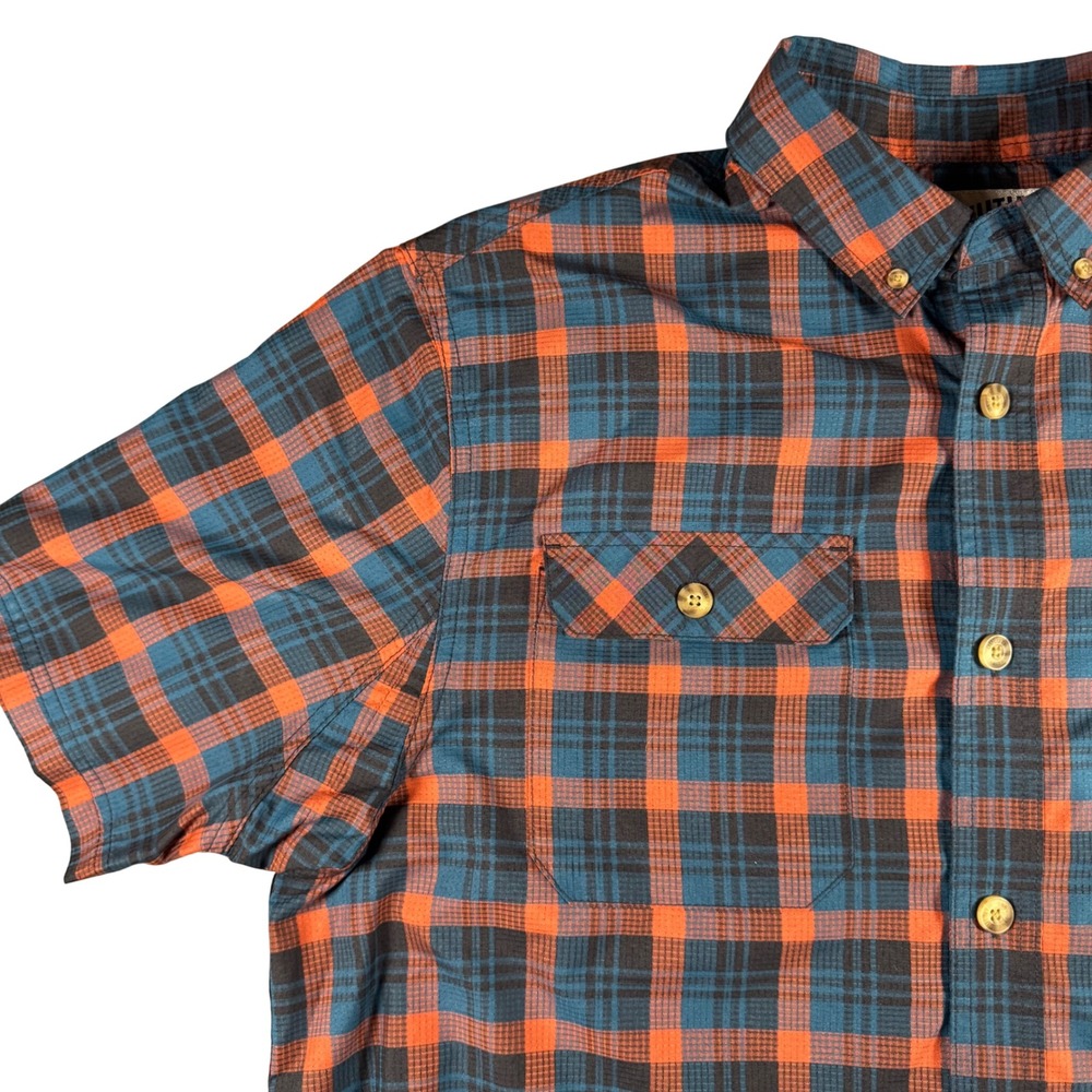 Duluth Trading Co Button Down Shirt Mens Large Orange Blue Plaid Short Sleeve EX